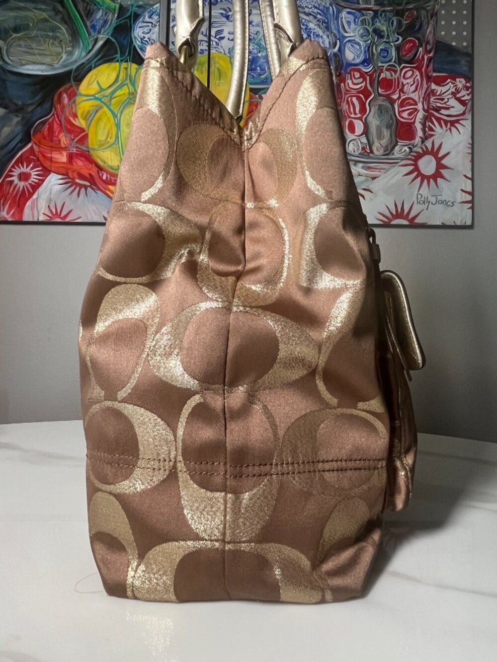 Coach Hampton Weekend Metallic Signature Jacquard Tote Turnlock Satchel 15391 - Picture 6 of 16